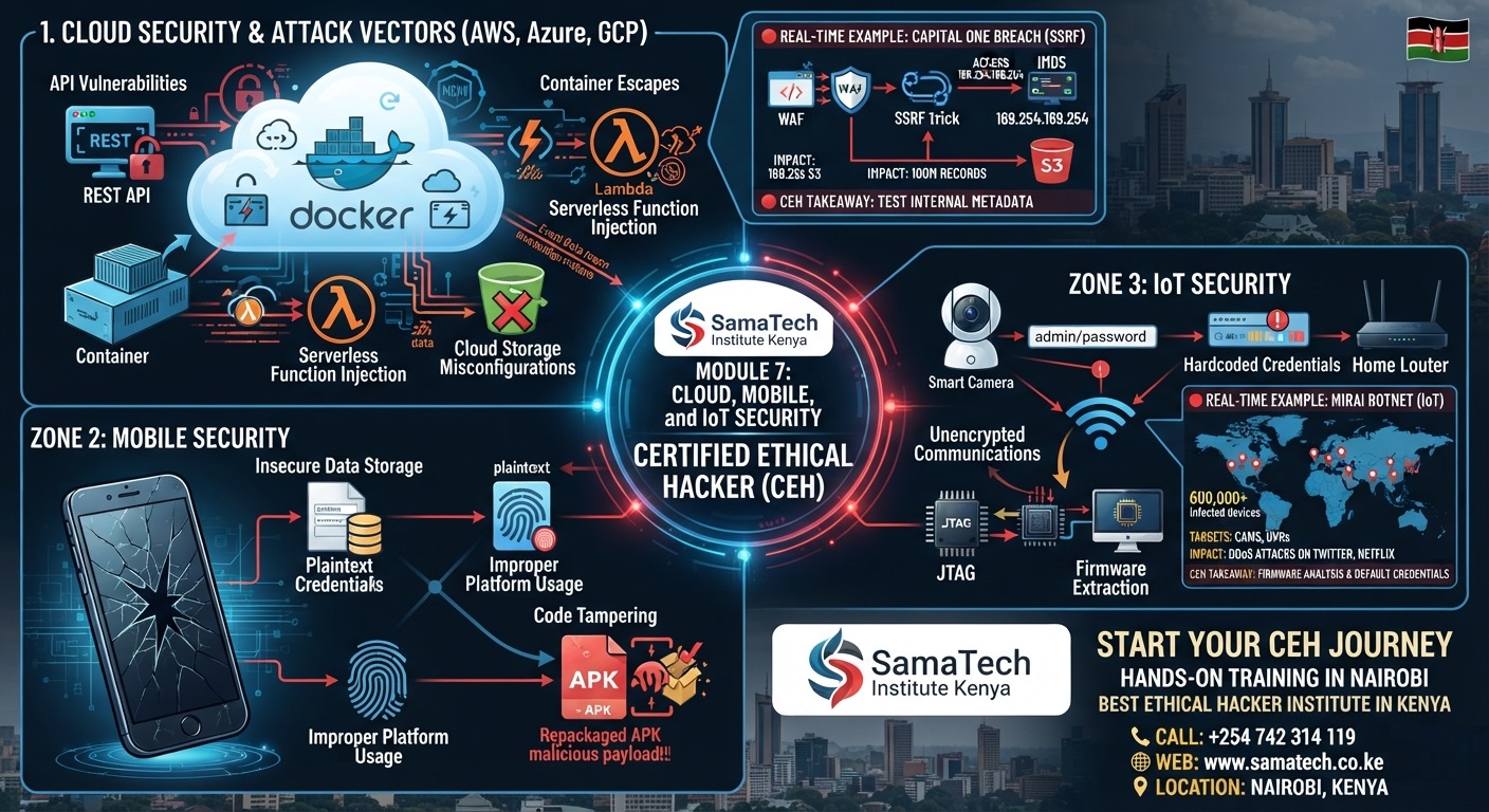 Ethical Hacker Chapter 7 Cloud Mobile IoT Security training banner by SamaTech IT Institute Kenya showing CEH certification modules