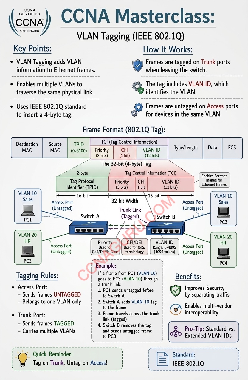 802.1Q VLAN Tag Structure Diagram showing TPID 0x8100, TCI, Priority, DEI, and 12-bit VLAN ID within Ethernet Frame